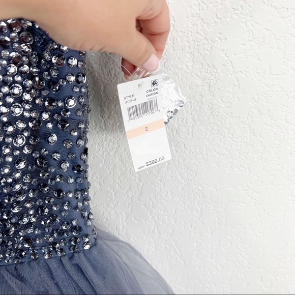 Terani Rhinestone Bodice Charcoal Gray Prom Dress Tulle Gown Formal Size 2 NWT - Picture 11 of 14